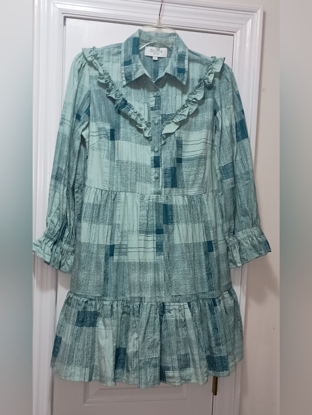 Olivia By Livro Green Teal Ruffle Trim Dress Size Small